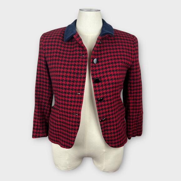 Rena Rowan For Saville Red Black Houndstooth Tweed Wool Blend Blazer 12P - Picture 1 of 10